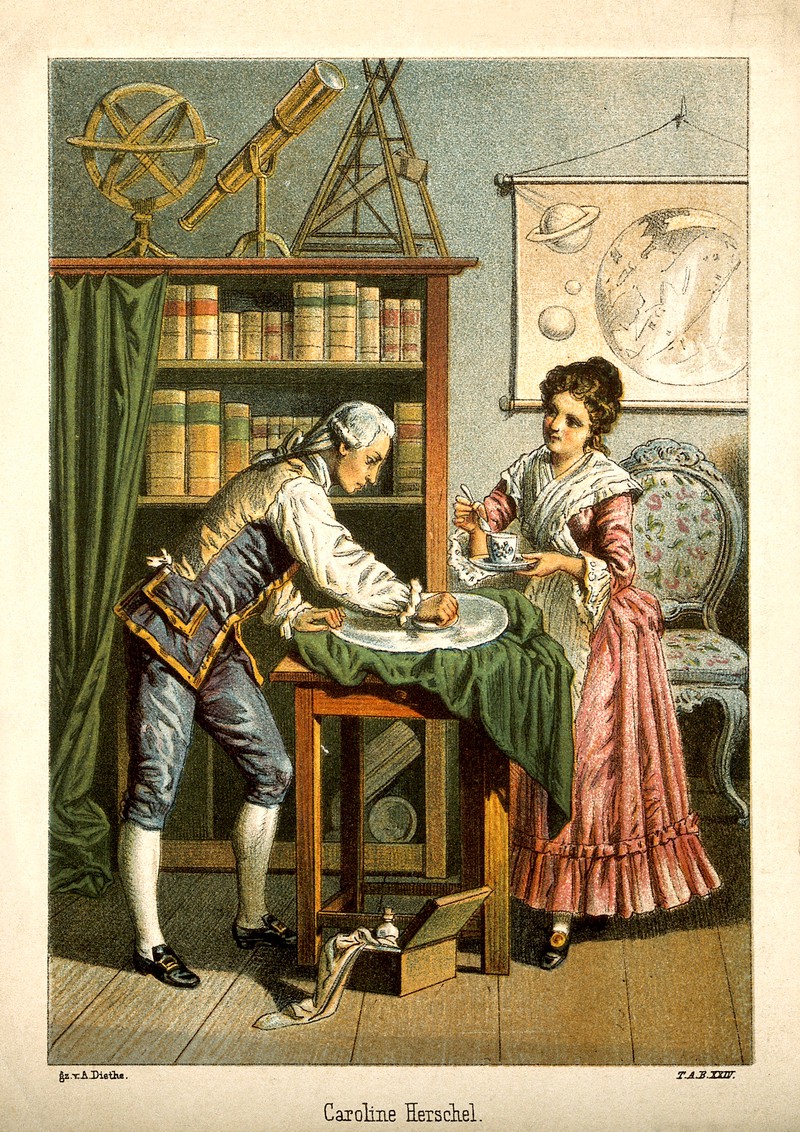 Caroline and William Herschel, professional astronomers.