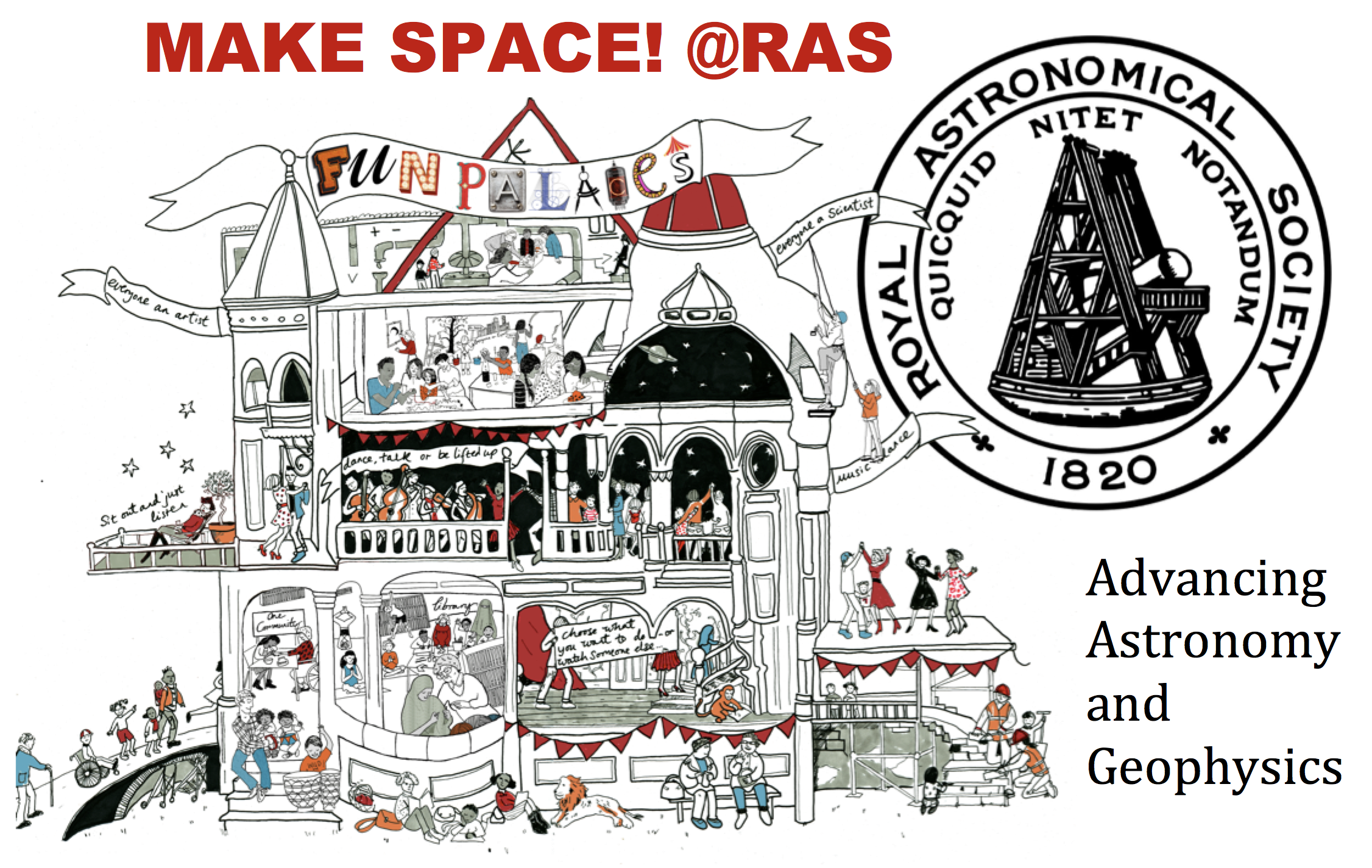 An image of Fun Palaces logo combined with RAS logo to make Make Space! @RAS event