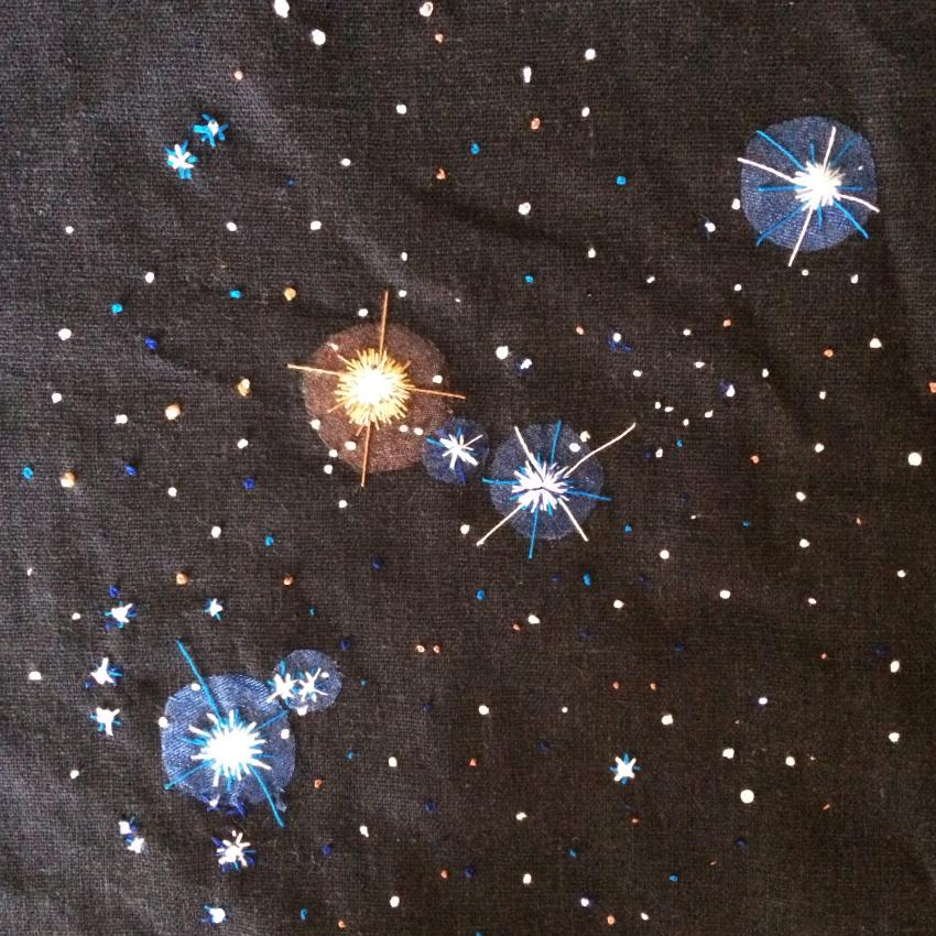 An image of a group of stars varying in colour and brightness created using embroidery.