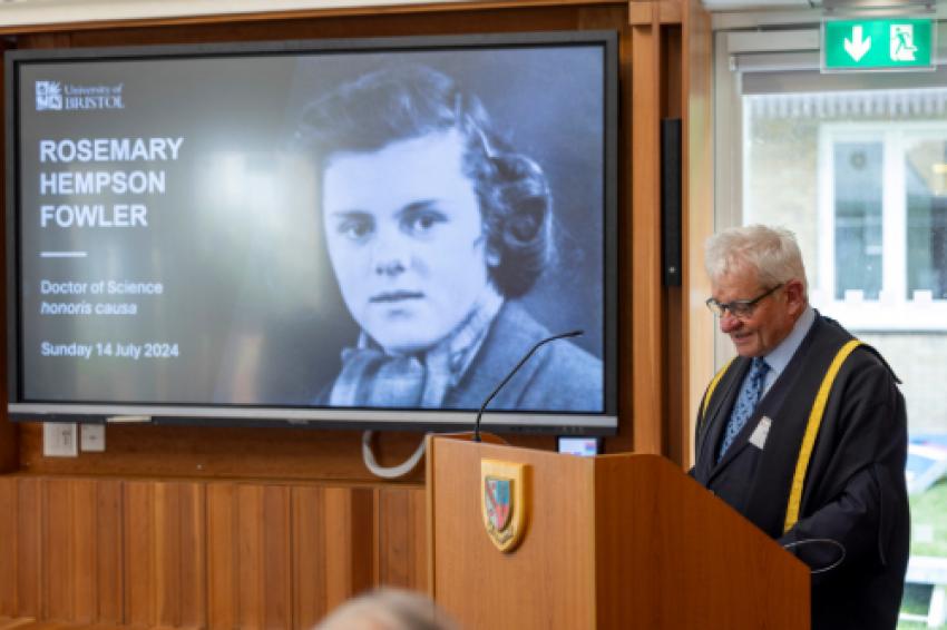 University of Bristol Chancellor Sir Paul Nurse presides over Rosemary Fowler's honorary degree ceremony.