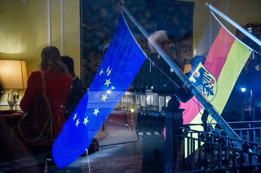 Flags outside the German Embassy in London.