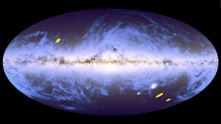 This graphic shows the location of the Euclid Deep Fields (yellow). This all-sky view is an overlay of ESA Gaia’s star map from its second data release in 2018 and ESA Planck’s dust map from 2014. The sky is shown in the Galactic coordinate system, with the bright horizontal band corresponding to the plane of our Milky Way galaxy, where most of its stars reside.