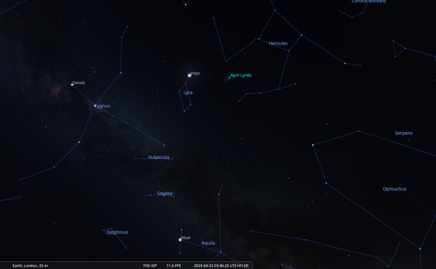 A view of the area of the night sky where the Lyrids appear to originate, close to the constellation Lyra (the harp), and specifically the star Vega, which is the brightest star in this constellation.