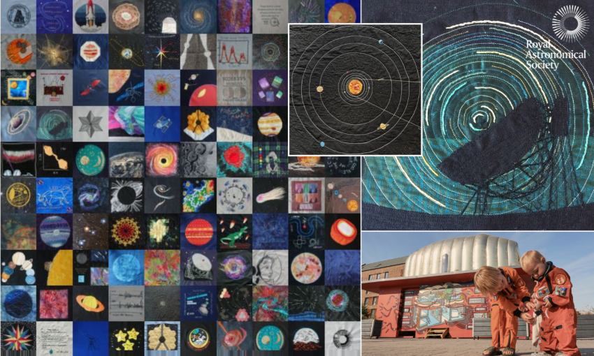 A composite image of the RAS Bicentennial Quilt (left), a patch from the quilt depicting the Lovell Telescope (top right), its companion quilt (inset), a homage to astronomer Ellen Baker’s spectacular 1876 Solar System quilt, and a photo of two children in personalised hand-crafted Martian spacesuits, which will also be on display at Jodrell Bank's ‘A Stitch in Space Time’ summer exhibition.