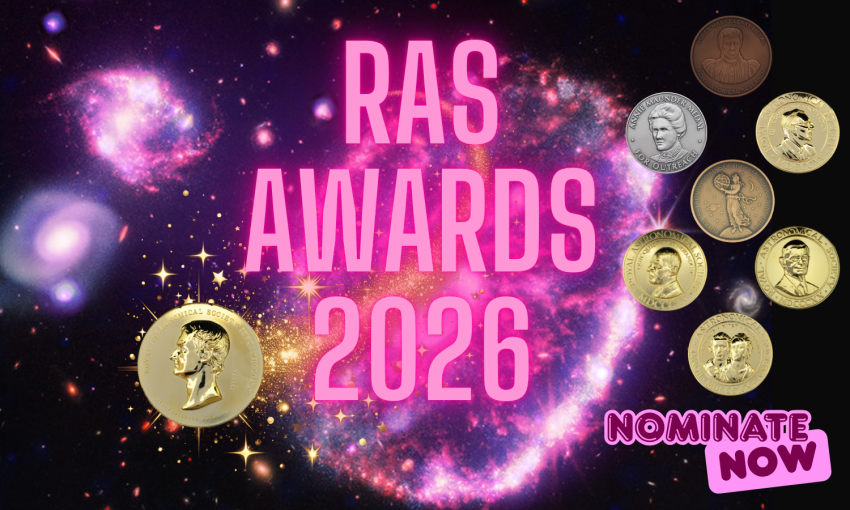 Graphic promoting the RAS Awards 2026 with the Society's medals in front of a background image of the Cartwheel galaxy from JWST and NASA’s Chandra X-ray Observatory.