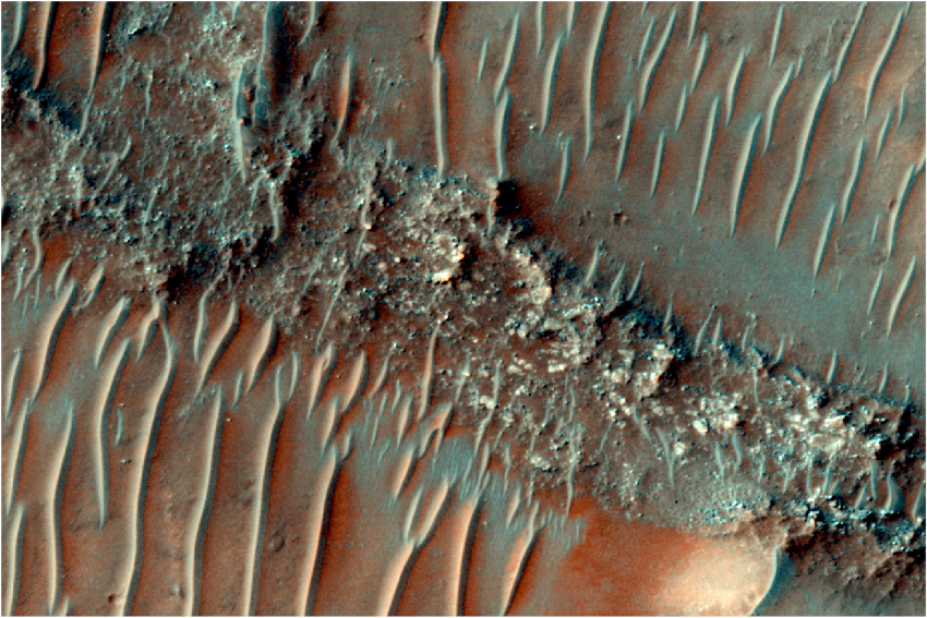 Colour image of a flat top, heavily eroded fluvial sinuous ridge (FSR) on Mars. Sand dunes can be seen migrating over the top of the FSR.