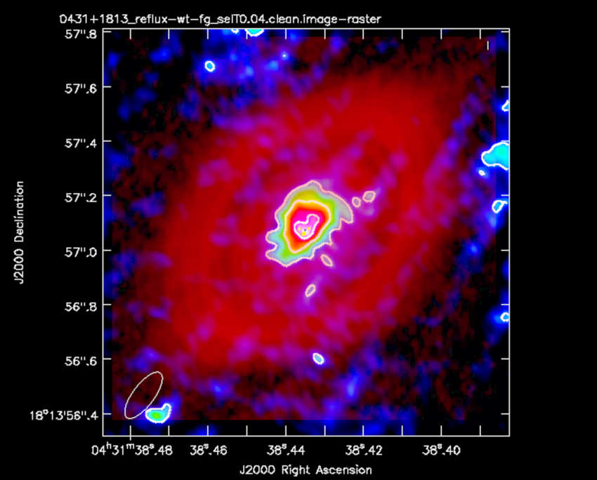 The HL Tau disc captured by e-MERLIN is shown overlaid on an ALMA image, revealing both the compact emission from the central region of the disc and the larger scale dust rings.