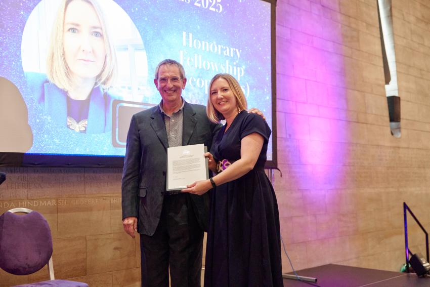 Professor Caitriona Jackman, of the DIAS Dunsink Observatory, receives her Honorary Fellowship from RAS president Professor Mike Lockwood.