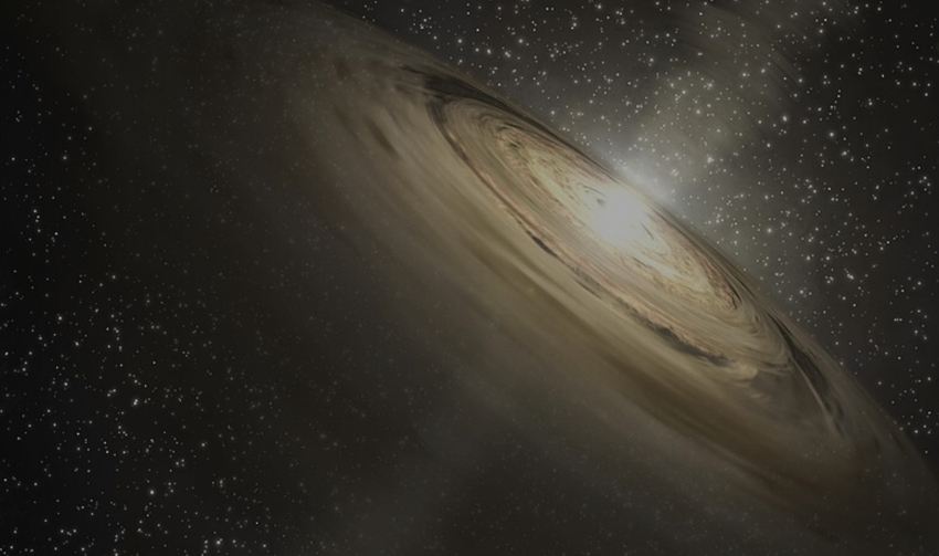 An artist’s impression of dust and tiny grains in a protoplanetary disc surrounding a young star.