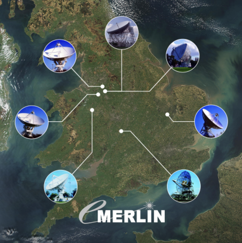 e‑MERLIN is an interferometer array of seven radio telescopes spanning 217 km (135 miles) across the UK, connected by a superfast optical fibre network to its headquarters at Jodrell Bank. Observatory in Cheshire.
