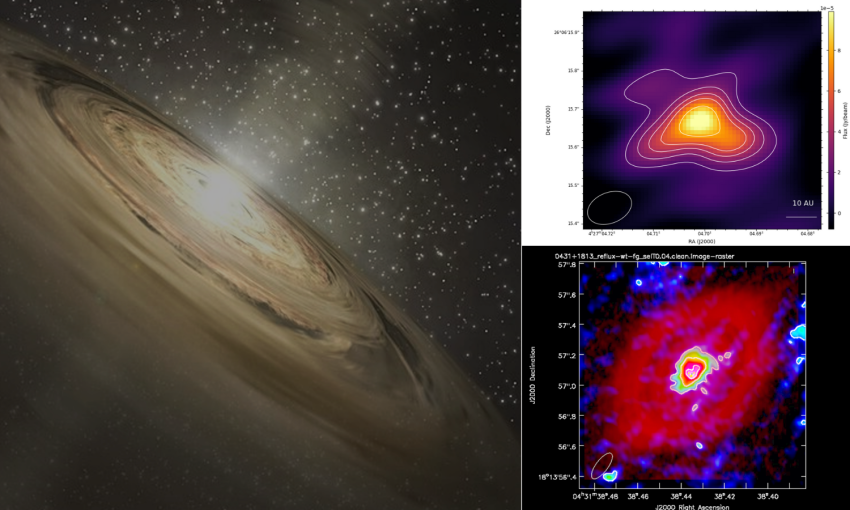 An artist’s impression of dust and tiny grains in a protoplanetary disc surrounding a young star (left) alongside an e-MERLIN map showing the tilted disc structure around the young star DG Tauri (top right) and the HL Tau disc captured by e-MERLIN is shown overlaid on an ALMA image, revealing both the compact emission from the central region of the disc and the larger scale dust rings (bottom right).
