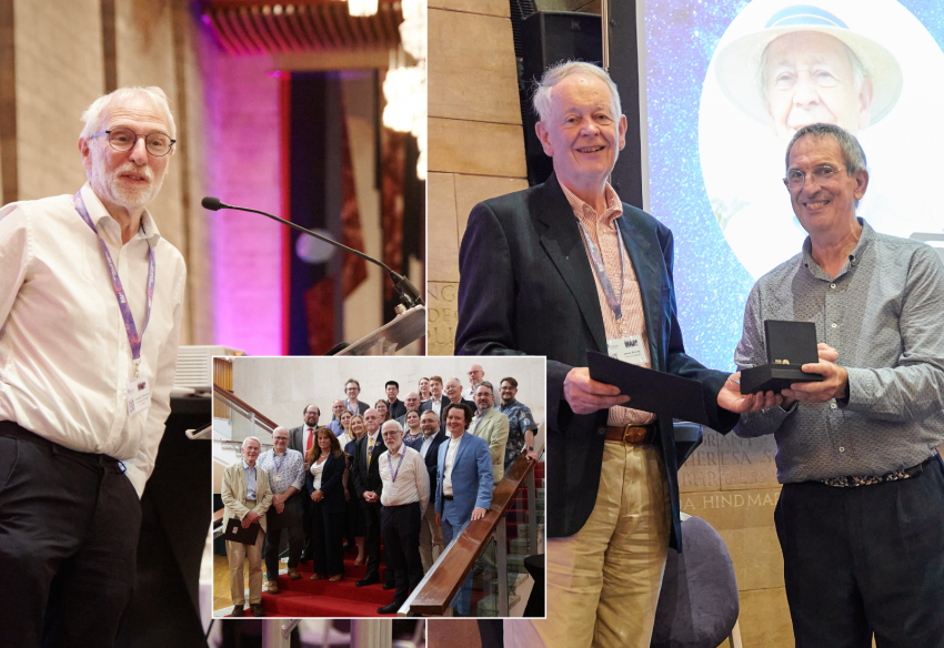 Professor James Binney, of Oxford University (right with RAS president Professor Mike Lockwood), and University College London's Professor Jonathan Tennyson (left), received the Society's Gold Medal at the 2025 RAS Awards ceremony during the National Astronomy Meeting in Durham. Inset is all the winners of the 2025 RAS Awards.