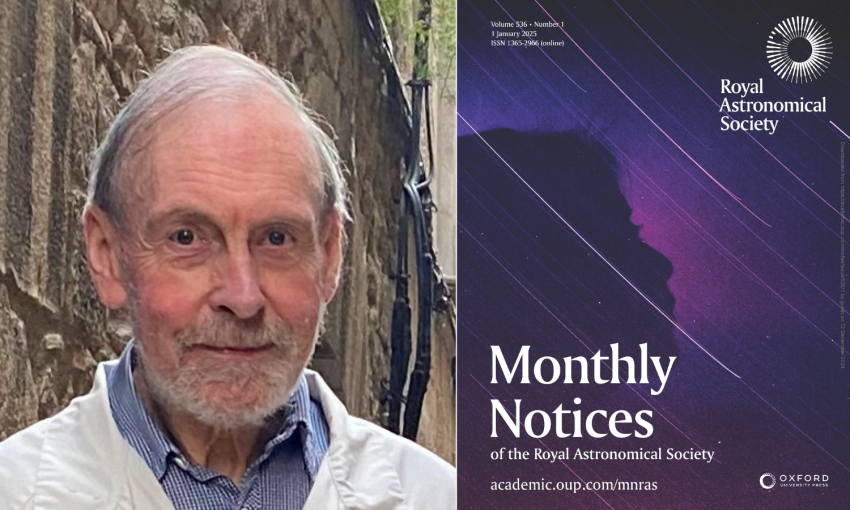 Professor David Flower alongside an image of a front cover of Monthly Notices of the Royal Astronomical Society.