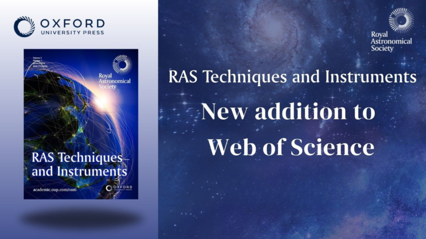 Graphic featuring a front cover of RAS Techniques and Instruments alongside text which says the same and 'New addition to Web of Science'.