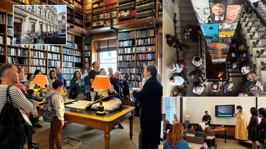 Composite image of RAS Open House 2025, including guided tours of the building (top right) and library (left).