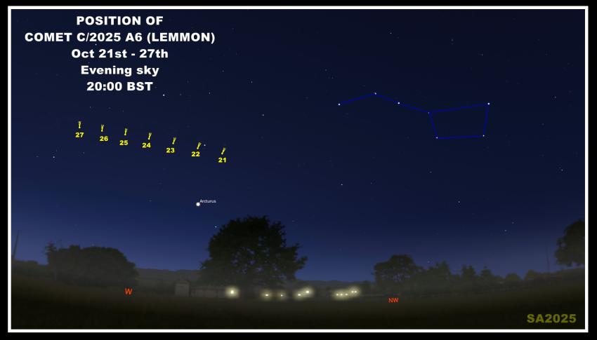 This Finder Chart shows how best to look for Comet Lemmon as it makes its closest approach to Earth on 21 October 2025 and nears the Sun on 4 November 2025.