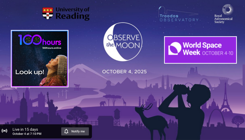 World Space Week graphic, depicting someone looking up at the Moon.