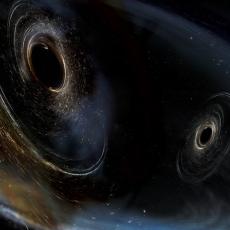 An image showing two black wholes interacting in space - two black circles surrounded by stars and nebulae appear warped.