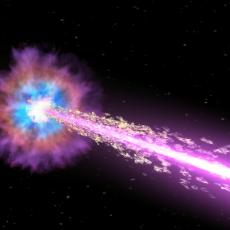 Gamma-ray bursts (like the one depicted in this artist’s impression) are the most violent explosions in the Universe, releasing more energy than the Sun would in 10 billion years.