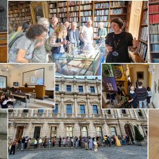 Images of actors playing Caroline and John Herschel, visitors looking at exhibits in the Royal Astronomical Society library, and queues of people outside New Burlington House.