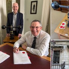 Pictured left, RAS President Mike Lockwood (right) and Geophysics Secretary James Hammond (left) put their signatures to a series of legal documents to complete the handover of Burlington House (pictured bottom right) from the Government to the RAS and its fellow Learned Societies following the agreement of a 999-year lease. RAS Executive Director Philip Diamond is pictured inset with the 19th Century seal press used to stamp the documents (also top right).