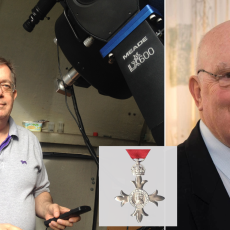 Royal Astronomical Society Fellows Paul Fellows (left) and Howard Parkin (right) have been recognised in the New Year Honours for services to astronomy. Inset is an MBE, which Mr Parkin has received.