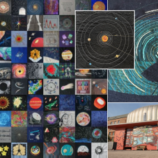 A composite image of the RAS Bicentennial Quilt (left), a patch from the quilt depicting the Lovell Telescope (top right), its companion quilt (inset), a homage to astronomer Ellen Baker’s spectacular 1876 Solar System quilt, and a photo of two children in personalised hand-crafted Martian spacesuits, which will also be on display at Jodrell Bank's ‘A Stitch in Space Time’ summer exhibition.