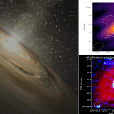 An artist’s impression of dust and tiny grains in a protoplanetary disc surrounding a young star (left) alongside an e-MERLIN map showing the tilted disc structure around the young star DG Tauri (top right) and the HL Tau disc captured by e-MERLIN is shown overlaid on an ALMA image, revealing both the compact emission from the central region of the disc and the larger scale dust rings (bottom right).