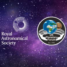 Purple starry background with the logos of the Royal Astronomical Society and the UK Planetary Forum.