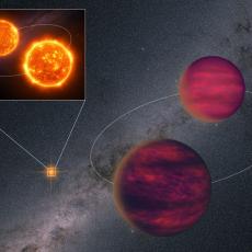 An artist's impression of the UPM J1040−3551 system against the backdrop of the Milky Way as observed by Gaia.