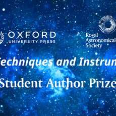 Graphic promoting the RASTI Student Prize, with the OUP and RAS logos and text 'Student Author Prize' on a blue starry background.