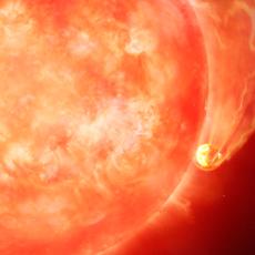 This artist’s impression depicts a dying Sun-like star engulfing an exoplanet. New research published in Monthly Notices of the Royal Astronomical Society suggests that ageing stars may be destroying the giant planets orbiting closest to them.