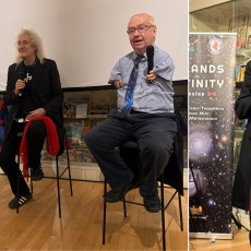 Sir Brian May (right) is joined by RAS Council member Professor Derek Ward-Thompson and J-P Metsavainio for the launch of their new book Islands in Infinity: Galaxies 3-D.