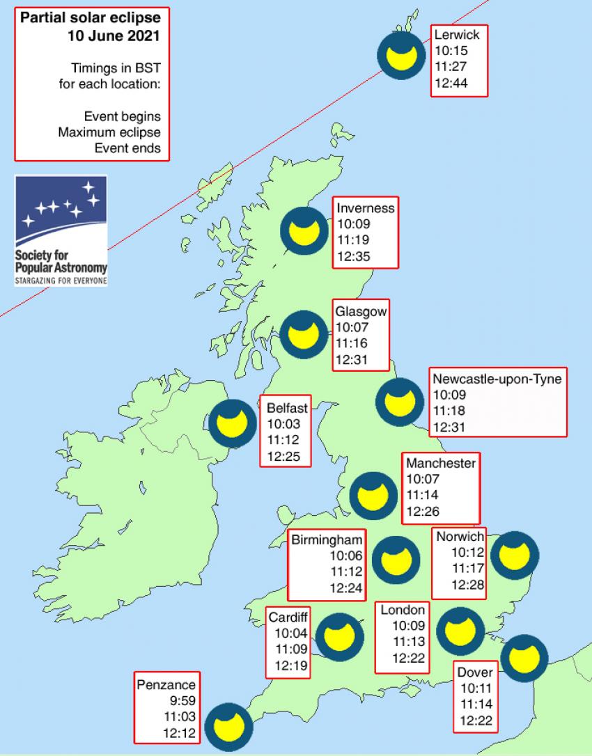 A map of the UK with timings on when the 2021 annular eclipse will occur.