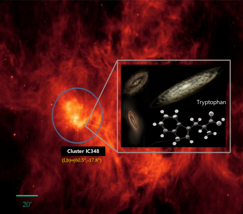 An image of the star-forming region IC348 overlaid with an image of the tryptophan molecule.