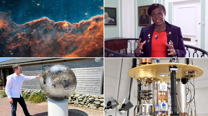 Clockwise, from top left, an image from the James Webb Space Telescope, Dr Maggie Aderin-Pocock, quantum technologies and Luke Jerram's Mirror Moon artwork.