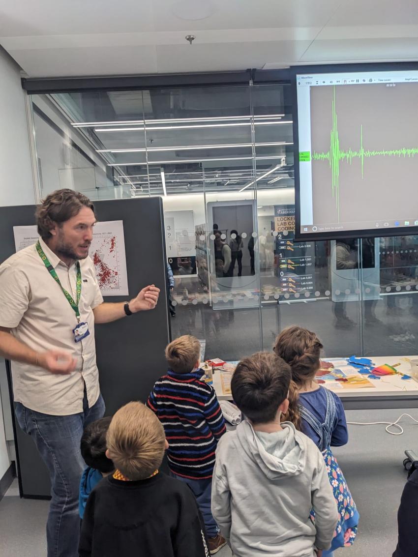 University of Aberdeen's Dr David Cornwell doing seismology-related outreach, which forms part of planned grant activities funded by the RAS. 