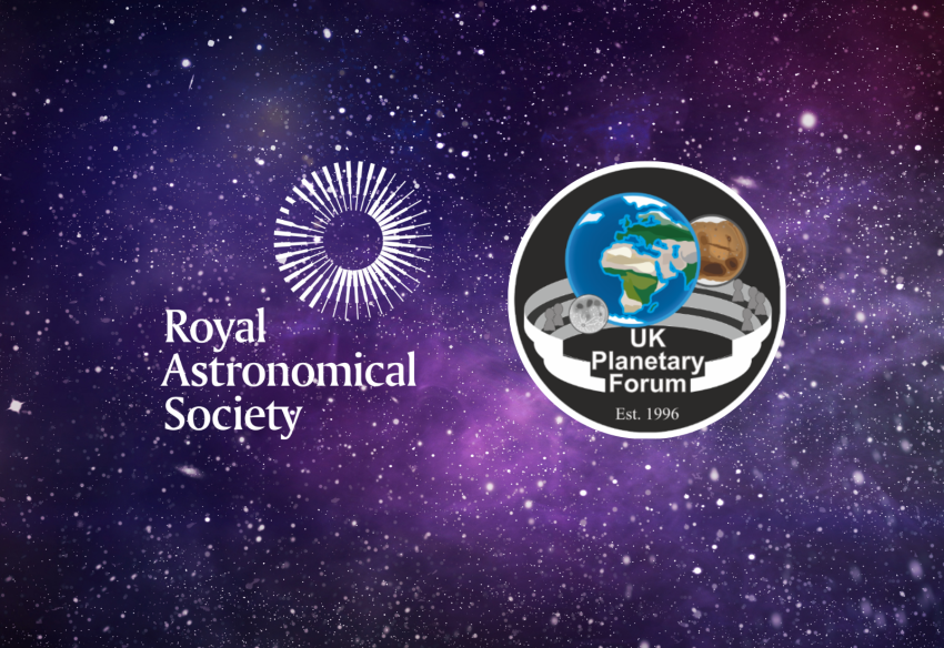 Purple starry background with the logos of the Royal Astronomical Society and the UK Planetary Forum.