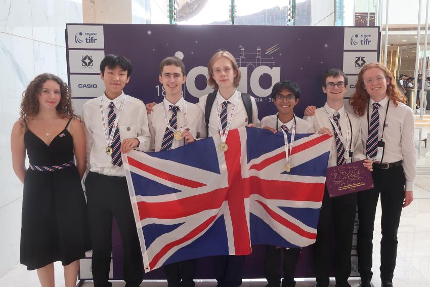 Members of the UK team for the 2025 astronomy Olympiad, including team leader Charlotte, an undergraduate at Brasenose College, Oxford, Puyuan, a Year 13 student at Eton College, Rory, a Year 13 student at Colchester Royal Grammar School, George B, a Year 13 student at Wallington County Grammar School, Yuvan, a Year 12 student at RGS Guildford, George D, a Year 13 student at the Stephen Perse Foundation, and team leader Ben, an undergraduate at Merton College, Oxford.