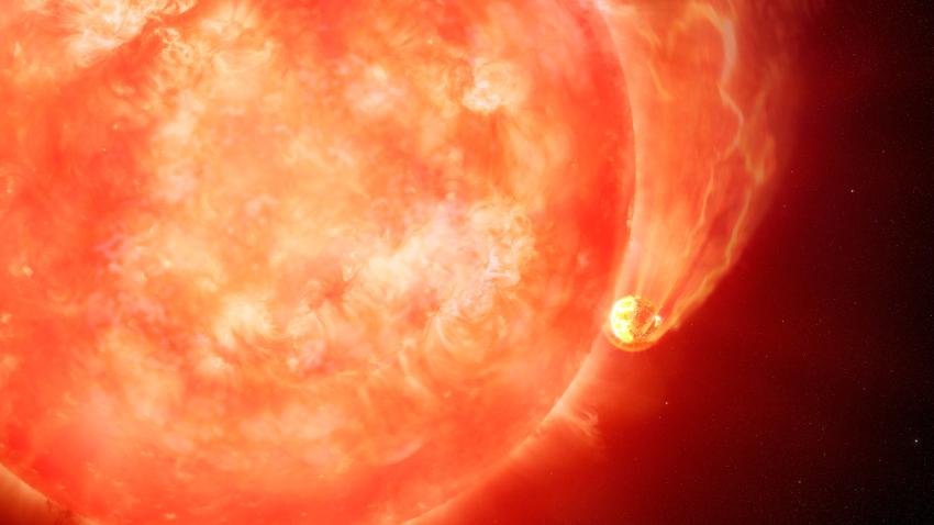 This artist’s impression depicts a dying Sun-like star engulfing an exoplanet. New research published in Monthly Notices of the Royal Astronomical Society suggests that ageing stars may be destroying the giant planets orbiting closest to them.